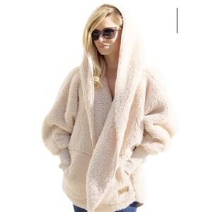 Nordic Beach Beige Hooded Body Wrap Teddy Sherpa Cozy Fleece Jacket One Size